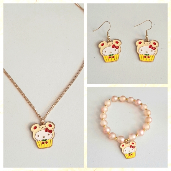 Other - Enamel Kitty with a Teddy Bear Cap Necklace, Earrings & Bracelet Set